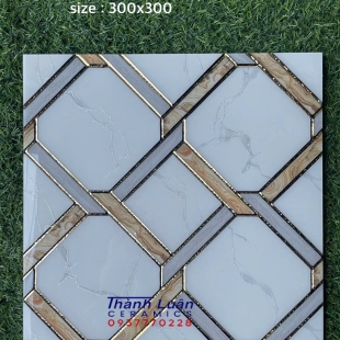 Gạch trang trí đá bóng kính trắng vân khói ô vuông nhũ vàng