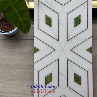 Gạch 30x60 trang trí trắng xanh khắc kim vàng nhập khẩu